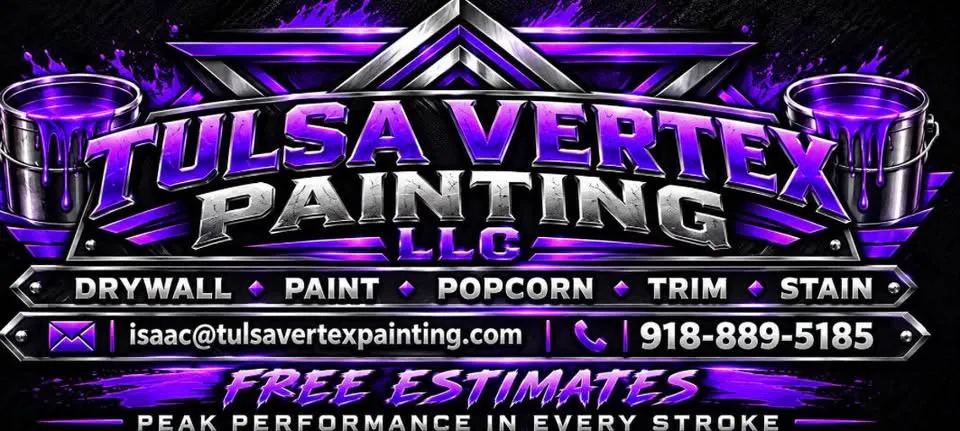 Tulsa Vertex Painting LLC banner: drywall, paint, popcorn, trim, stain. Free estimates.